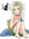  barefoot blonde_hair book dolphin feet female final_fantasy final_fantasy_x green_eyes hair_ornament hairclip kimagureneko long_hair mana_tohno pillow rikku sitting solo 