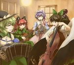  abo_(hechouchou) acoustic_guitar animal_ears black_hair black_wings bow braid cat_ears cello concertina flute green_hair guitar hair_bow instrument kaenbyou_rin komeiji_koishi komeiji_satori md5_mismatch multiple_girls one_eye_closed pink_hair purple_hair red_eyes reiuji_utsuho short_hair smile third_eye touhou twin_braids wings 