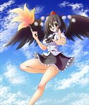  black_hair black_wings cloud day hat looking_at_viewer open_mouth osashin_(osada) pointing red_eyes shameimaru_aya sky smile solo thighs tokin_hat touhou wings 
