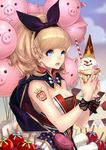  balloon blonde_hair blue_eyes bow breasts candy_apple cleavage earrings food hair_bow jewelry long_hair medium_breasts nail_polish olivia_(yh) open_mouth original parfait pig solo star tattoo tears 