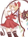  ascot black_legwear blonde_hair blush crystal flandre_scarlet frills hat hat_ribbon laevatein miniskirt petticoat puffy_sleeves red_eyes red_skirt ribbon short_hair short_sleeves side_ponytail skirt skirt_set smile solo ten_ryuu_sadaaki thighhighs touhou weapon wings 