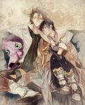  alvin_(tales) ayu_(auko2010) bad_id bad_pixiv_id black_hair boots brown_hair highres jacket jude_mathis knee_boots male_focus multiple_boys scarf sleeping tales_of_(series) tales_of_xillia teepo_(tales) yellow_eyes 