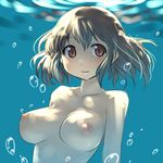  areolae blush breasts brown_eyes brown_hair bubble clavicle gray_hair high_res large_breasts nipples nude oppai short_hair sketch smile underwater water 