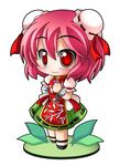  bandages blush bun_cover chibi cuffs double_bun faux_figurine flower ibaraki_kasen medium_skirt pink_flower pink_hair pink_rose pleated_skirt red_eyes ribbon-trimmed_skirt ribbon_trim rose shackles shinjitsu shirt short_hair simple_background skirt smile solo tabard touhou white_background 