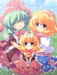  alice_margatroid anime_coloring blonde_hair blue_dress blue_eyes blue_sky capelet closed_eyes day doll dress family field flower flower_field frills front_ponytail green_hair hair_flower hair_ornament hair_ribbon hairband hands_on_shoulders head_wreath kagiyama_hina lily_of_the_valley medicine_melancholy multiple_girls nullpooo open_mouth red_dress ribbon sash sitting sky smile su-san touhou v_arms wrist_cuffs 