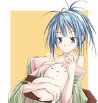  artist_self-insert bare_shoulders blue_eyes blue_hair breast_press breasts carrying character_request copyright_request japanese_clothes karasu_raku kimono large_breasts messy_hair short_hair smile solo v 