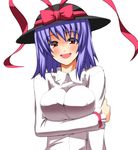  :d bad_id bad_pixiv_id blue_hair bow breast_hold breasts crossed_arms hat iwanori large_breasts nagae_iku open_mouth red_eyes ribbon smile solo touhou 