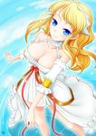  bare_shoulders blonde_hair blue_eyes breasts cleavage copyright_request dress large_breasts long_hair smile solo urokozuki white_dress 