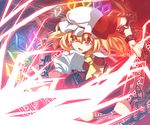  ascot blonde_hair blush chain fang flandre_scarlet hat highres laevatein magic_circle miniskirt open_mouth red_eyes red_skirt short_hair side_ponytail skirt skirt_set solo touhou wings zamudelin 