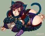  all_fours animal_ears armor ass barefoot blush breasts brown_hair cat_ears cat_tail cleavage feet fishnets gloves hairband hochikisu large_breasts monster_hunter nargacuga_(armor) red_eyes short_hair smile solo tail thighhighs 