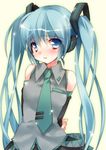  aqua_eyes aqua_hair arms_behind_back bad_id bad_pixiv_id black_skirt blush detached_sleeves ech hair_ribbon hatsune_miku headphones long_hair miniskirt necktie pleated_skirt ribbon shirt skirt solo twintails vocaloid 