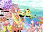  1girl akubi_to_ribbon aqua_eyes bag blouse blush breasts cleavage copyright_name coral_reef dress earrings fish giantess hairband handbag hat jewelry long_hair medium_breasts mermaid monkey_d_luffy monster_girl one_piece pink_hair shirahoshi short_dress straw_hat tail water 