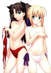  ;p absurdres ahoge artoria_pendragon_(all) ass_visible_through_thighs bikini bikini_top_removed black_ribbon blonde_hair blue_eyes blue_ribbon blush breast_hold breasts brown_hair collarbone covering covering_breasts fate/stay_night fate_(series) green_eyes hair_ribbon highres looking_at_viewer medium_breasts multiple_girls navel official_art one_eye_closed parted_lips red_bikini ribbon saber side-tie_bikini simple_background small_breasts swimsuit takeuchi_takashi tongue tongue_out toosaka_rin topless two_side_up white_background white_bikini_bottom 