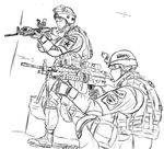  armor assault_rifle balaclava copyright_request cyrillic gloves greyscale gun machine_gun maniacykt military_operator monochrome multiple_boys rifle russia russian self_upload sketch weapon 