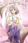  blue_eyes brown_hair detached_sleeves dress female final_fantasy final_fantasy_x green_eyes heterochromia japanese_clothes kimagureneko long_hair lowres mana_tohno sitting solo tree yuna 