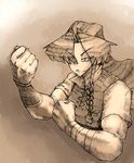  bandages braid clenched_hands hair_over_one_eye highres hong_meiling light_smile long_hair millipen_(medium) monochrome muscle muscular_female sepia short_sleeves side_braid slit_pupils solo touhou traditional_media whiterock_chilly 