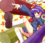  alternate_costume blue_skirt breasts cellphone contemporary hair_ornament leaf miniskirt onbashira phone pillar pleated_skirt purple_hair red_eyes rope school_uniform shimenawa short_hair skirt small_breasts socks solo touhou yasaka_kanako yzb-030 