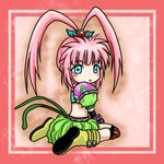  aqua_eyes bad_id bad_pixiv_id boots chelsea_torn dress hair_ornament hairpin knee_pads long_hair looking_back midriff noto-kanna pink_hair puffy_sleeves sitting solo split_ponytail tales_of_(series) tales_of_destiny wariza 