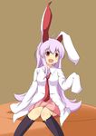  animal_ears bad_id bad_pixiv_id be_(o-hoho) blush bunny_ears dress_shirt highres kneehighs long_hair miniskirt necktie open_mouth oversized_clothes oversized_shirt pink_skirt pleated_skirt purple_hair red_eyes red_neckwear reisen_udongein_inaba shirt sitting skirt sleeves_past_wrists smile socks solo touhou 
