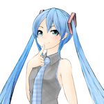  alternate_hair_color aqua_eyes bad_id bad_pixiv_id bare_shoulders blue_hair finger_to_mouth hatsune_miku highres long_hair necktie nekobaka simple_background smile solo thinking twintails upper_body very_long_hair vocaloid 