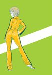  ass bob_cut bodysuit brown_eyes brown_hair bruce_lee's_jumpsuit from_behind hand_on_hip huang_baoling jumpsuit looking_back nanboku orange_bodysuit shoes short_hair smile sneakers solo tiger_&amp;_bunny 