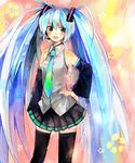  asuna_(i_luv) bad_id bad_pixiv_id bare_shoulders black_legwear black_skirt blue_eyes blue_hair detached_sleeves hand_on_hip hatsune_miku long_hair miniskirt open_mouth pleated_skirt skirt smile solo striped striped_skirt thighhighs twintails very_long_hair vocaloid zettai_ryouiki 