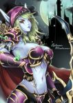  armor armpits arrow blonde_hair blue_skin bow_(weapon) bracer breasts bustier cleavage elf hood large_breasts midriff navel pauldrons pointy_ears red_eyes sennoyume solo sylvanas_windrunner undead warcraft weapon world_of_warcraft 