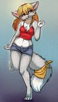  blonde_hair brown_eyes cat chest_tuft clothed clothing cute feline female hair mammal navel plain_background skimpy solo standing tuft 