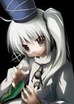  grey_eyes hair_ribbon hat izumi_yukiru japanese_clothes kariginu long_sleeves mononobe_no_futo ribbon shirt side_ponytail silver_hair smirk solo touhou 