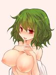  bare_shoulders blush breasts green_hair kazami_yuuka large_breasts nipples off_shoulder oshiruko_(tsume) red_eyes short_hair simple_background solo touhou upper_body 