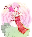  arm_grab bad_id bad_pixiv_id bandages blush bun_cover chinese_clothes colored_eyelashes double_bun dress flower foreshortening highres ibaraki_kasen looking_at_viewer outstretched_arm outstretched_hand pink_eyes pink_flower pink_hair pink_rose rose short_hair solo touhou umxzo 
