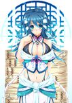  arm_behind_back bare_shoulders blue_eyes blue_hair blush breasts choker cleavage hair_ornament hair_tubes highres hisenkaede jewelry large_breasts long_hair looking_at_viewer midriff navel necklace original smile solo very_long_hair 