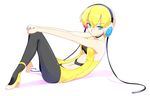  bare_shoulders batsu black_legwear blonde_hair blue_eyes full_body headphones high_heels kamitsure_(pokemon) navel pantyhose pokemon pokemon_(game) pokemon_bw shoes short_hair simple_background sitting solo white_background 