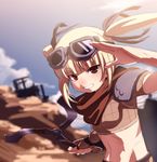  arm_up armor blonde_hair blurry blush boomerang depth_of_field fingerless_gloves flat_chest gloves goggles goggles_on_head grin hitokata_no_ou kuroba_nao midriff perspective rage red_eyes salute scarf shoulder_pads smile solo sunlight tasaka_shinnosuke twintails weapon wingstick 