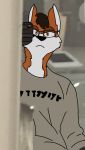  anthro canid canine clothing fox furry_trashcan hi_res looking_at_viewer male mammal phone shirt shitpost solo topwear tuft 