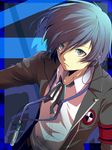  armband blue_eyes blue_hair bow digital_media_player headphones kazanami male_focus persona persona_3 ribbon school_uniform solo yuuki_makoto 