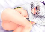  areolae ass bad_id bad_pixiv_id bangs blush bottomless breasts frown hat highres hips large_breasts legs looking_at_viewer lying mononobe_no_futo naked_shirt nipples no_anus no_bra nose_blush on_bed on_side pnoji purple_eyes pussy shirt short_hair silver_hair solo tate_eboshi touhou wide_hips 