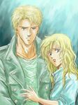  1girl 80s bad_id bad_pixiv_id blonde_hair blue_eyes buttons hug kyle_reese long_hair manly oldschool sarah_connor serious sleeves_rolled_up terminator traditional_media trench_coat worried yukki_(rffcq251) 