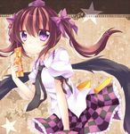  bad_id bad_pixiv_id bow brown_hair brush calligraphy_brush cellphone cellphone_charm checkered checkered_skirt frilled_skirt frills hair_bow hat highres himekaidou_hatate ikeda_hazuki miniskirt necktie paintbrush phone purple_eyes purple_skirt skirt smile solo star tokin_hat touhou twintails wings 