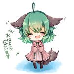  ahoge animal_ears blush chibi closed_eyes dress fang green_hair hands_on_own_chest kasodani_kyouko open_mouth pink_dress solo tail touhou translated yuya_(night_lily) 