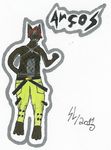  anthro canine coyote crossed-belt fursona green-pants net-shirt red-grey-hair smile 