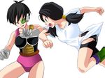  2girls armor bike_shorts black_hair blue_eyes boots dragon_ball dragonball_z female fighting gloves leotard long_hair multiple_girls selipa seripa short_hair tail torn_clothes twintails videl 