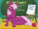  anthro anthrofied apple book breasts chalkboard cheerilee_(mlp) cutie_mark equine female friendship_is_magic fruit green_eyes hair horse long_hair mammal multi-colored_hair my_little_pony navel pink_fur pink_hair pony solo tail teacher whitmaverick 