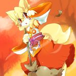  autumn black_nose broom canine cloud clouds facial_markings female fox japanese_clothing kimono leaf mammal markings powderkona red_eyes skirt solo standing wind 