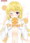  blonde_hair blush charlotte_dunois cover cover_page food fruit haru_(matatabi_sanjou) highres holding holding_food holding_fruit infinite_stratos long_hair looking_at_viewer no_bra one_eye_closed open_clothes open_shirt orange purple_eyes shirt solo upper_body 
