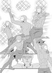  armor assassin_(fate/zero) comic dancing derivative_work earrings fate/zero fate_(series) gilgamesh greyscale haou_airen highres jewelry male_focus mask monochrome multiple_boys parody shirtless tsurusaki_yuu 