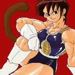  1girl armor blue_eyes boots brown_hair dragon_ball dragonball_z earrings female gloves jewelry looking_at_viewer lowres muscle muscular_female red_background selipa seripa short_hair simple_background sitting solo sorashu tail tank_top tanktop 