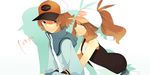  1girl bad_id bad_pixiv_id baseball_cap blue_eyes brown_eyes brown_hair hat highres jacket muraichi pokemon pokemon_(game) pokemon_bw ponytail touko_(pokemon) touya_(pokemon) vest 