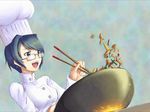  blue_eyes blue_hair chef chef_hat chopsticks cooking cyzir_visheen fire glasses hakamichi_shizune hat highres katawa_shoujo short_hair solo toque_blanche wok 