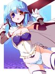  :p blue_eyes blue_hair blue_panties breasts cape cleavage cosplay elbow_gloves gloves heterochromia kitamura_eri look-alike mahou_shoujo_madoka_magica medium_breasts miki_sayaka miki_sayaka_(cosplay) miuku_(marine_sapphire) no_pants panties red_eyes seiyuu_connection short_hair side-tie_panties solo sword tatara_kogasa thighhighs tongue tongue_out touhou touhou_kitougeki underwear weapon white_gloves 